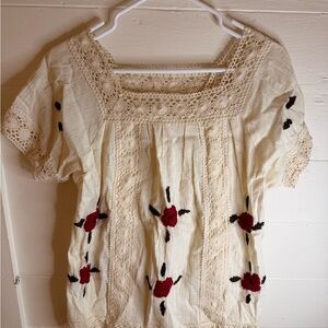 Vintage Embroidered Cream Peasant Top with Red Floral Accents